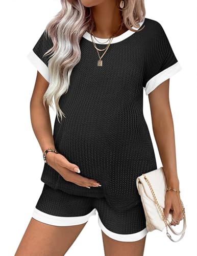 Ekouaer Maternity Pajamas 2 Piece Outfits Waffle Knit Pregnancy Sleepwear - color: Black, size: Medium