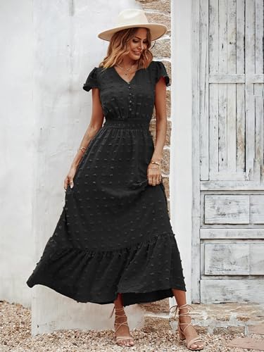 PRETTYGARDEN Womens Dresses 2026 Summer Boho Long Swiss Dot Maxi Dress - color: Black, size: X-Large
