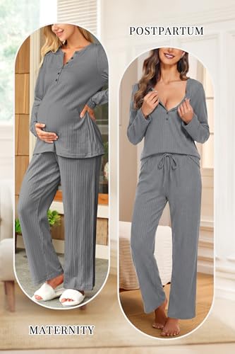 OUGES Women's Maternity Nursing Pajamas Sets Pregnancy Delivery Lounge Pjs - color: Grey, size: Small