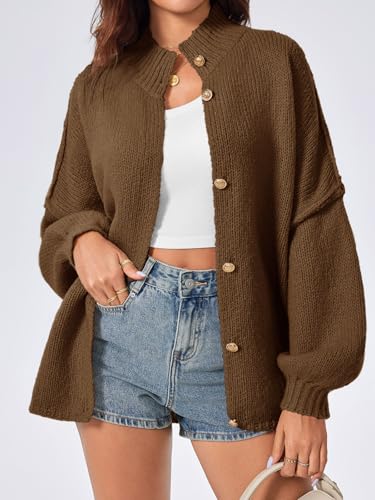 Saodimallsu Womens Oversized Cardigans Long Lantern Sleeve Button Down Chunky Knit Loose Fall Sweater Coats - color: Coffee, size: Small