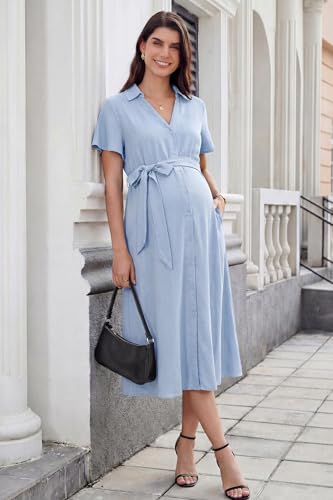 OUGES Women's Summer Maternity Dress Collar V Neck Button Down Tie Waist Casual Midi Dresses with Pockets 2026 - color: Sky Blue, size: XX-Large