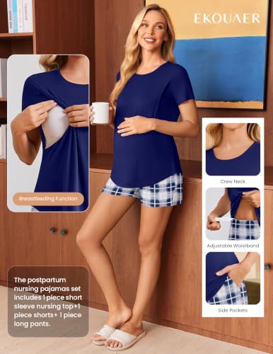 Ekouaer 3 Piece Maternity Nursing Pajamas Set Short Sleeve Breastfeeding Pjs - color: Navy Blue and White Plaid, size: Large