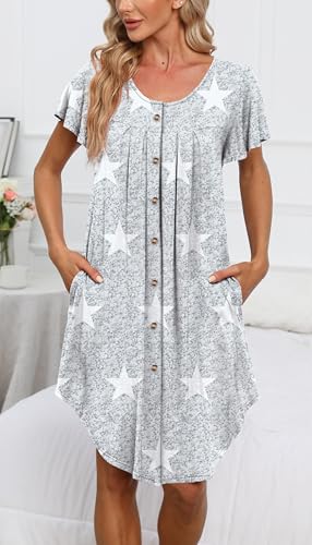 Womens Button Down Nightgown Pleated Front Short Sleeve Sleepshirt - color: A Star, size: X-Large