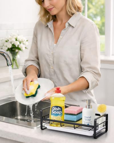 HULISEN Large Kitchen Sponge Holder, 304 Stainless Steel Sink Caddy, Black - color: Black, size: Large