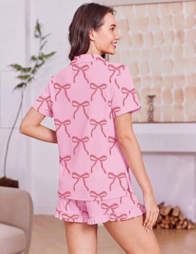 Ekouaer Women's Pajamas Sets Button Down Pjs Short Sleeve Ruffle Sleepwear - color: Bow 2, size: XX-Large