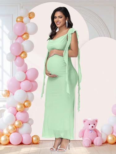 Women's Maternity Draped Neck Ruffle Bodycon Baby Shower Dress - color: Mint, size: Medium
