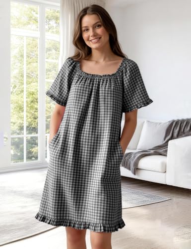 Flygo Womens Gingham Nightgown Cotton Pullover House Dress with Pockets - color: Black, size: Large