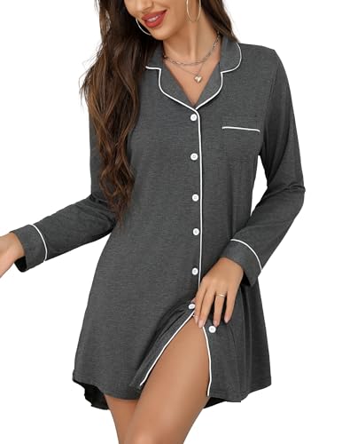 Anjue Long Sleeve Button Down Pajama Nightgowns for Women - color: 101dark Grey, size: Medium