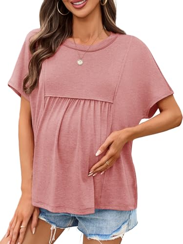 Tankaneo Womens Maternity Tops Batwing Short Sleeve Pregnancy T Shirts - color: Brick Red, size: Medium
