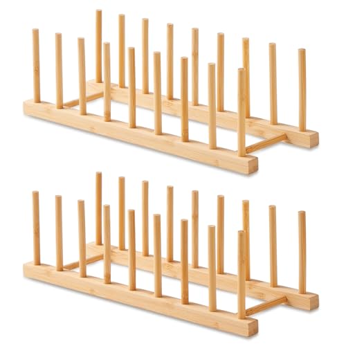 2 Pack Bamboo Dish Rack-Plate Pot Lid Organizer Holder Rack for Cabinet - size: 2 Pack