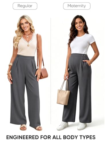 BLENCOT Maternity Pants Work Waffle Knit Wide Leg Pregnancy Trousers - color: Carbon Grey, size: XX-Large