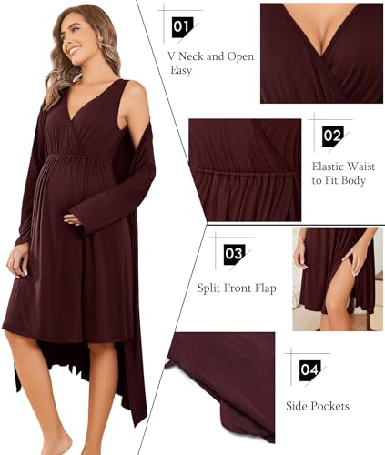 Ekouaer Maternity Nursing Gown and Robe Set Labor Delivery Nightgowns - color: Maroon, size: XX-Large