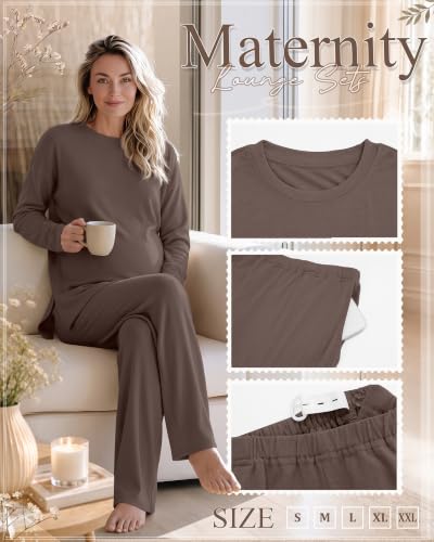 Huukeay 2 Pack Maternity Long Sleeve Pajamas Sets - color: Black, Coffee, size: X-Large