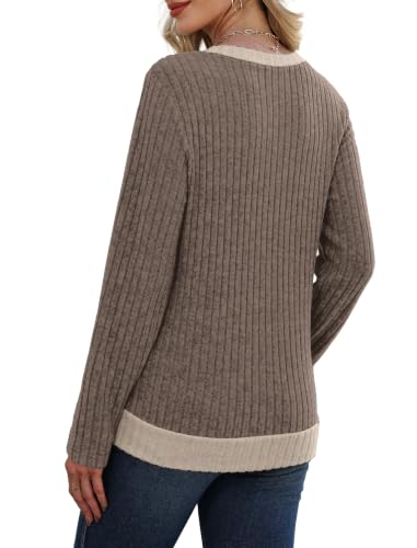 Sampeel V Neck Long Sleeve Shirts Button Side Sweaters Color Block Tops - color: Coffee, size: Large