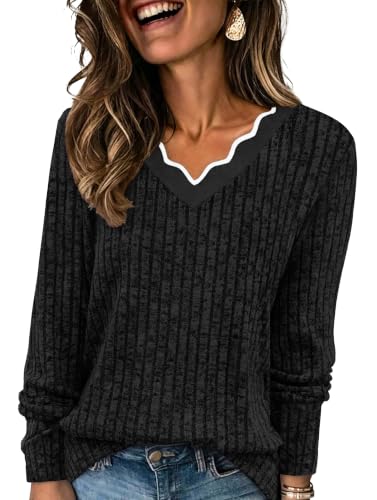 WIHOLL Long Sleeve Womens Shirts Lightweight Fall Tunic Top V Neck Sweaters - color: 02-black, size: Medium