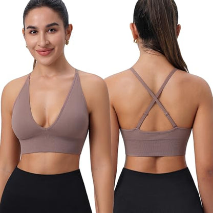 Women's V Neck Sports Bras, Adjustable Seamless Wireless Padded Bralettes - color: Black White Brown 3 Pack, size: Medium