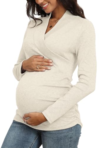 Nursing Top Cross V Neck Ruched Long Sleeve Maternity Shirt - color: Apricot Color, size: Large