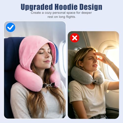 Stuffable Travel Neck Pillow with Hood, Soft Velvet Fabric,Pink - size: Type E