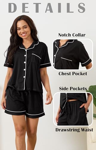 Vopmocld Women Pajama Shorts Sets Cozy 2pcs Button Down Sleepwear Solid PJS - color: Black, size: XX-Large