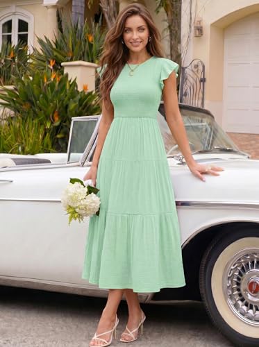 ZESICA Women's 2026 Summer Casual Flutter Short Sleeve Smocked Midi Dress - color: Mint, size: X-Small