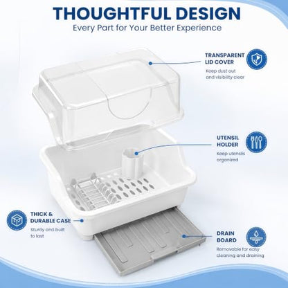 Plastic Dish Drying Rack with Clear Cover Lid, Dust-Proof