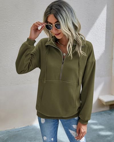 PRETTYGARDEN Women's Casual Long Sleeve Sweatshirt Half Zip Pullover Tops - color: Army Green, size: Medium