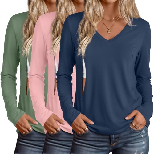 Huukeay 3 Pack Maternity Nursing Tops Breastfeeding Shirts - color: Apple Green, Light Pink , Haze Blue, size: Medium