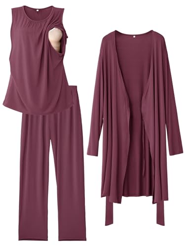 Rnxrbb 3 PCS Nursing Pajamas Robe Set Maternity Postpartum Pjs for Hospital - color: Deep Purple, size: Small