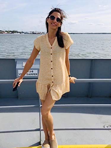 Imysty Womens Summer Polka Dot V Neck Button Down Loose Mini Dress - color: Yellow, size: X-Large