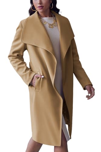 Cicy Bell Women's Pea Trench Coat Lapel Collar Long Jacket Open Front Belted Overcoat with Pockets - color: Khaki, size: Small