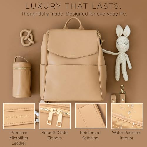 MIA + SOPHIA Leather Diaper Bag Backpack with USB Charging port, Changing Pad, Stroller Straps (Brown Olivia) - color: Brown Olivia