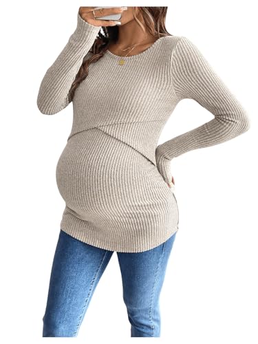 MakeMeChic Women's Maternity Shirts Nursing Top Fall Maternity Clothes - color: Khaki, size: XX-Large