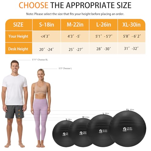 Gruper Yoga Ball, Extra Thick Non Slip Exercise Ball, 4 Sizes - color: Black, size: 26 Inch (65cm),l