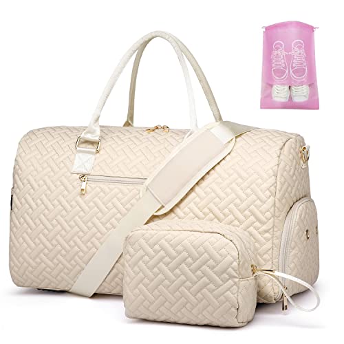 Duffle Bag for Travel, Weekender Bag with Shoe Compartment, Carry On Overnight Bag for Women with Toiletry Bag, Gym Bag with Wet Pocket, Hospital Bags for Labor and Delivery Beige - color: Beige, size: Regular