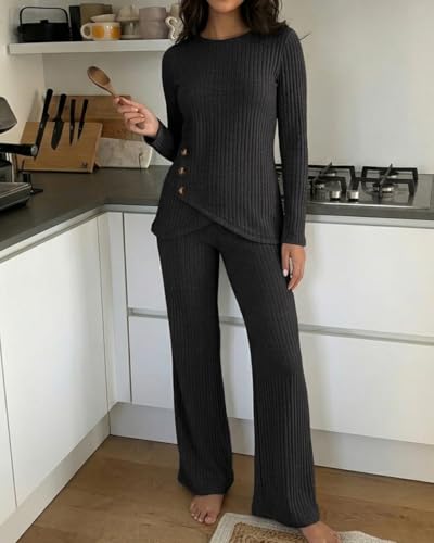 CHICME Womens 2 Piece Lounge Set Button Down Top Wide Leg Pants - color: Black, size: Large