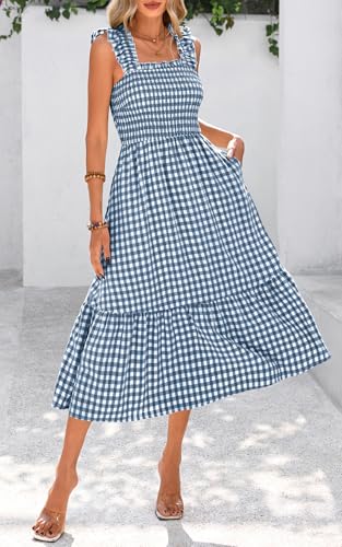 PRETTYGARDEN Women's Summer Dress Casual Ruffle Strap Gingham Midi Sundress - color: Dark Blue, size: Large