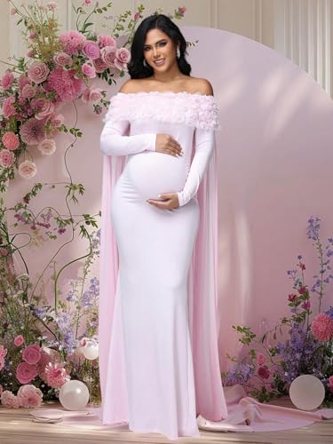 Maternity Mesh Off Shoulder Chiffon Cloak Maxi Photoshoot Dress - color: Pink-long Sleeve, size: X-Large