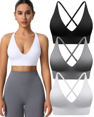 Women's V Neck Sports Bras, Adjustable Seamless Wireless Padded Bralettes - color: Black White Gray 3 Pack, size: Small