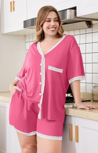 Plus Size Women Pajama Sets Button Down Lace Trim 2pcs Nightwear - color: Rose, size: 5X-Large