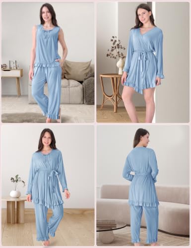 SUNNYBUY 3 PCS Ruffle Maternity Nursing Pajamas Set & Robe for Postpartum - color: Baby Blue, size: Medium