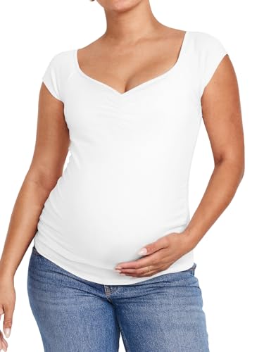 Tankaneo Womens Vneck Maternity Tops Cap Sleeve Fit Ribbed Pregnancy Tshirt - color: White, size: Large