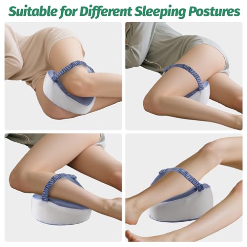 Leg & Knee Memory Foam Support Pillow for Side Sleepers, Cooling Cushion for Side Sleeping, Knee Pain Relief, Orthopedic Leg Pillow with Adjustable Strap, Removable Washable Blue and White Cover