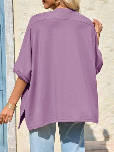 Tankaneo Womens Oversized Tshirts Batwing Short Sleeve Asymmetric Hem Tops - color: Purple, size: Medium