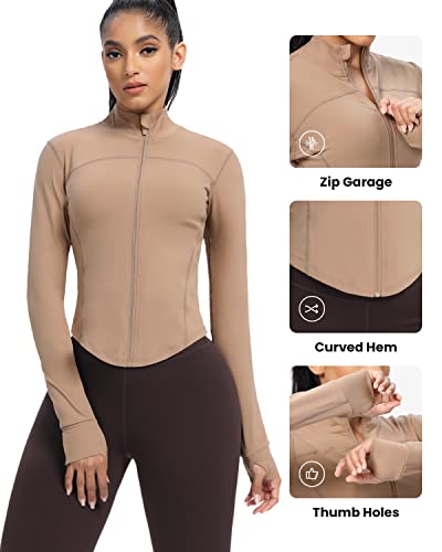 AVGO Women's Cropped Running Workout Jackets Zip Slim Fit Athletic Tops with Thumb Holes - color: Cream Coffee, size: Small