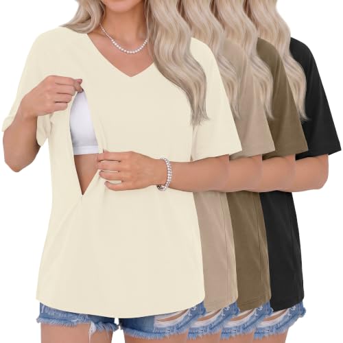 4 Pack Women's Nursing Short Sleeve Shirts - color: Cream, Khaki, Light Brown, Black, size: Small