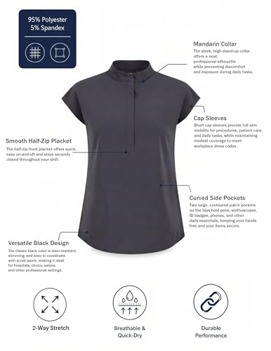 VECARDI Womens Scrub Top Zip Front Dolman Sleeves with Pockets - color: Grey, size: Small