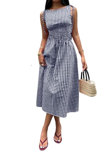 Acelitt Womens Gingham Dress Flowy Maxi Beach Sun Dresses - color: Blue, size: Large
