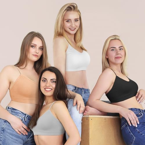 KCDDUMK 4 Pack Cami Bralettes for Women, Spaghetti Strap Sleep Bras - color: Black, White,nude, Grey, size: Small