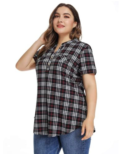 MONNURO Womens Plus Size Tops Button Down Tunic Plaid Shirts Casual Blouses - color: Black, size: 2X