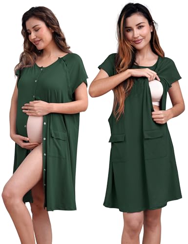 SUNNYBUY 2 PCS Maternity Labor & Delivery Gown with Matching Nursing Dress - color: Dark Green, size: Medium